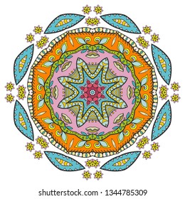 Mandala flower decoration, hand drawn round ornament, isolated design element on a white background. Vector geometric floral pattern. Tribal ethnic fashion motif for paper, textile, cloth fabric print