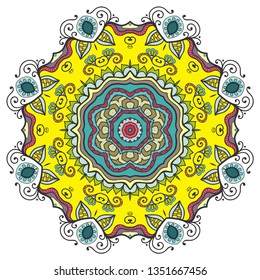 Mandala flower decoration, hand drawn round ornament, isolated design element on a white background. Vector geometric floral pattern. Tribal ethnic fashion motif for paper, textile, cloth fabric print