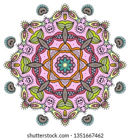 Mandala flower decoration, hand drawn round ornament, isolated design element on a white background. Vector geometric floral pattern. Tribal ethnic fashion motif for paper, textile, cloth fabric print
