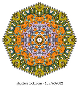 Mandala flower decoration, hand drawn round ornament, isolated design element on a white background. Vector geometric floral pattern. Tribal ethnic fashion motif for paper, textile, cloth fabric print