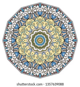 Mandala flower decoration, hand drawn round ornament, isolated design element on a white background. Vector geometric floral pattern. Tribal ethnic fashion motif for paper, textile, cloth fabric print
