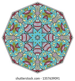 Mandala flower decoration, hand drawn round ornament, isolated design element on a white background. Vector geometric floral pattern. Tribal ethnic fashion motif for paper, textile, cloth fabric print