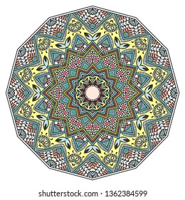 Mandala flower decoration, hand drawn round ornament, isolated design element on a white background. Vector geometric floral pattern. Tribal ethnic fashion motif for paper, textile, cloth fabric print