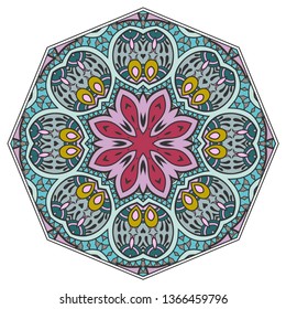 Mandala flower decoration, hand drawn round ornament, isolated design element on a white background. Vector geometric floral pattern. Tribal ethnic fashion motif for paper, textile, cloth fabric print