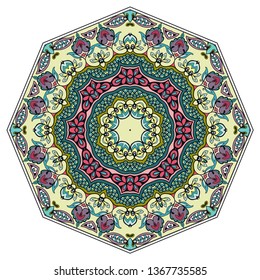 Mandala flower decoration, hand drawn round ornament, isolated design element on a white background. Vector geometric floral pattern. Tribal ethnic fashion motif for paper, textile, cloth fabric print