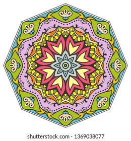 Mandala flower decoration, hand drawn round ornament, isolated design element on a white background. Vector geometric floral pattern. Tribal ethnic fashion motif for paper, textile, cloth fabric print