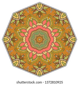 Mandala flower decoration, hand drawn round ornament, isolated design element on a white background. Vector geometric floral pattern. Tribal ethnic fashion motif for paper, textile, cloth fabric print