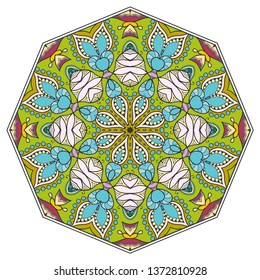 Mandala flower decoration, hand drawn round ornament, isolated design element on a white background. Vector geometric floral pattern. Tribal ethnic fashion motif for paper, textile, cloth fabric print