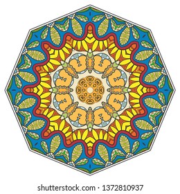 Mandala flower decoration, hand drawn round ornament, isolated design element on a white background. Vector geometric floral pattern. Tribal ethnic fashion motif for paper, textile, cloth fabric print