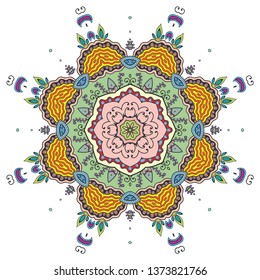 Mandala flower decoration, hand drawn round ornament, isolated design element on a white background. Vector geometric floral pattern. Tribal ethnic fashion motif for paper, textile, cloth fabric print
