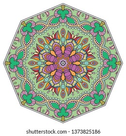 Mandala flower decoration, hand drawn round ornament, isolated design element on a white background. Vector geometric floral pattern. Tribal ethnic fashion motif for paper, textile, cloth fabric print