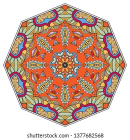 Mandala flower decoration, hand drawn round ornament, isolated design element on a white background. Vector geometric floral pattern. Tribal ethnic fashion motif for paper, textile, cloth fabric print