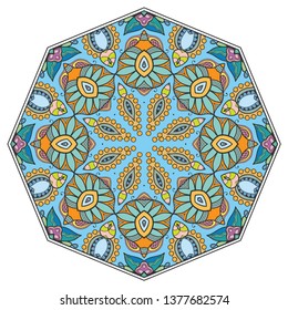 Mandala flower decoration, hand drawn round ornament, isolated design element on a white background. Vector geometric floral pattern. Tribal ethnic fashion motif for paper, textile, cloth fabric print