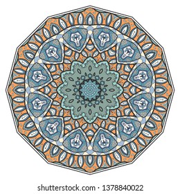 Mandala flower decoration, hand drawn round ornament, isolated design element on a white background. Vector geometric floral pattern. Tribal ethnic fashion motif for paper, textile, cloth fabric print