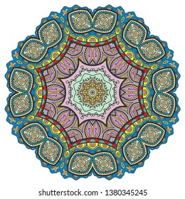 Mandala flower decoration, hand drawn round ornament, isolated design element on a white background. Vector geometric floral pattern. Tribal ethnic fashion motif for paper, textile, cloth fabric print