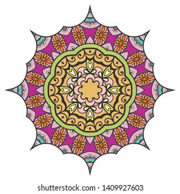 Mandala flower decoration, hand drawn round ornament, isolated design element on a white background. Vector geometric floral pattern. Tribal ethnic fashion motif for paper, textile, cloth fabric print