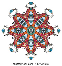 Mandala flower decoration, hand drawn round ornament, isolated design element on a white background. Vector geometric floral pattern. Tribal ethnic fashion motif for paper, textile, cloth fabric print