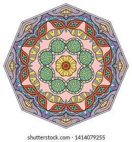 Mandala flower decoration, hand drawn round ornament, isolated design element on a white background. Vector geometric floral pattern. Tribal ethnic fashion motif for paper, textile, cloth fabric print