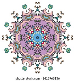 Mandala flower decoration, hand drawn round ornament, isolated design element on a white background. Vector geometric floral pattern. Tribal ethnic fashion motif for paper, textile, cloth fabric print