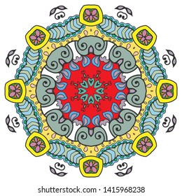 Mandala flower decoration, hand drawn round ornament, isolated design element on a white background. Vector geometric floral pattern. Tribal ethnic fashion motif for paper, textile, cloth fabric print