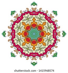 Mandala flower decoration, hand drawn round ornament, isolated design element on a white background. Vector geometric floral pattern. Tribal ethnic fashion motif for paper, textile, cloth fabric print