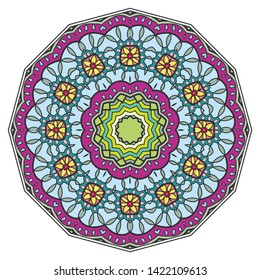 Mandala flower decoration, hand drawn round ornament, isolated design element on a white background. Vector geometric floral pattern. Tribal ethnic fashion motif for paper, textile, cloth fabric print