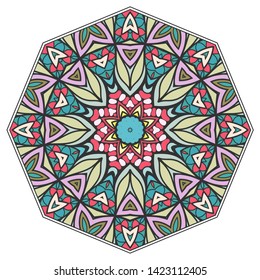 Mandala flower decoration, hand drawn round ornament, isolated design element on a white background. Vector geometric floral pattern. Tribal ethnic fashion motif for paper, textile, cloth fabric print