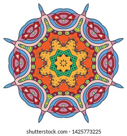 Mandala flower decoration, hand drawn round ornament, isolated design element on a white background. Vector geometric floral pattern. Tribal ethnic fashion motif for paper, textile, cloth fabric print