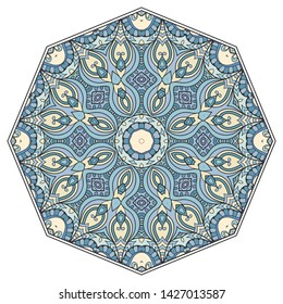 Mandala flower decoration, hand drawn round ornament, isolated design element on a white background. Vector geometric floral pattern. Tribal ethnic fashion motif for paper, textile, cloth fabric print