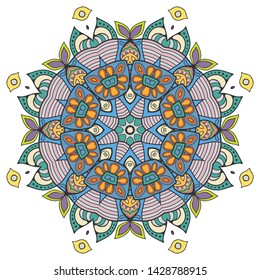 Mandala flower decoration, hand drawn round ornament, isolated design element on a white background. Vector geometric floral pattern. Tribal ethnic fashion motif for paper, textile, cloth fabric print