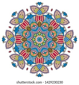Mandala flower decoration, hand drawn round ornament, isolated design element on a white background. Vector geometric floral pattern. Tribal ethnic fashion motif for paper, textile, cloth fabric print
