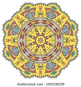Mandala flower decoration, hand drawn round ornament, isolated design element on a white background. Vector geometric floral pattern. Tribal ethnic fashion motif for paper, textile, cloth fabric print