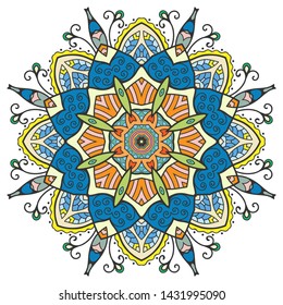 Mandala flower decoration, hand drawn round ornament, isolated design element on a white background. Vector geometric floral pattern. Tribal ethnic fashion motif for paper, textile, cloth fabric print