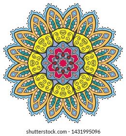 Mandala flower decoration, hand drawn round ornament, isolated design element on a white background. Vector geometric floral pattern. Tribal ethnic fashion motif for paper, textile, cloth fabric print