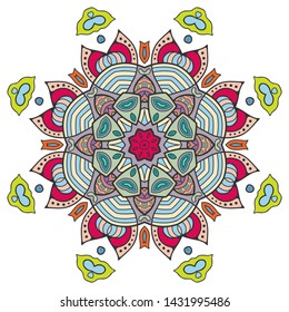 Mandala flower decoration, hand drawn round ornament, isolated design element on a white background. Vector geometric floral pattern. Tribal ethnic fashion motif for paper, textile, cloth fabric print