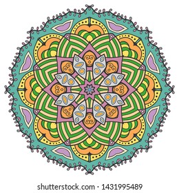 Mandala flower decoration, hand drawn round ornament, isolated design element on a white background. Vector geometric floral pattern. Tribal ethnic fashion motif for paper, textile, cloth fabric print