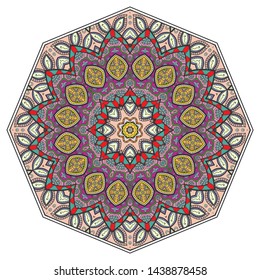 Mandala flower decoration, hand drawn round ornament, isolated design element on a white background. Vector geometric floral pattern. Tribal ethnic fashion motif for paper, textile, cloth fabric print