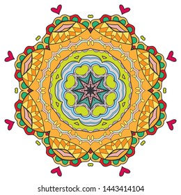 Mandala flower decoration, hand drawn round ornament, isolated design element on a white background. Vector geometric floral pattern. Tribal ethnic fashion motif for paper, textile, cloth fabric print