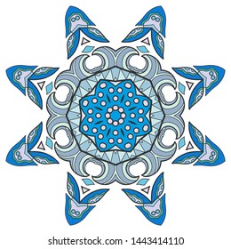 Mandala flower decoration, hand drawn round ornament, isolated design element on a white background. Vector geometric floral pattern. Tribal ethnic fashion motif for paper, textile, cloth fabric print