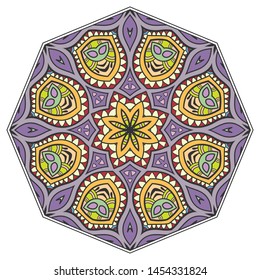 Mandala flower decoration, hand drawn round ornament, isolated design element on a white background. Vector geometric floral pattern. Tribal ethnic fashion motif for paper, textile, cloth fabric print