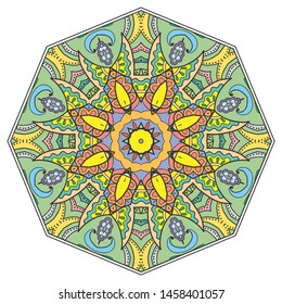 Mandala flower decoration, hand drawn round ornament, isolated design element on a white background. Vector geometric floral pattern. Tribal ethnic fashion motif for paper, textile, cloth fabric print