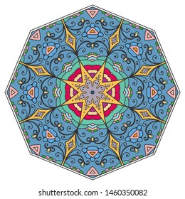 Mandala flower decoration, hand drawn round ornament, isolated design element on a white background. Vector geometric floral pattern. Tribal ethnic fashion motif for paper, textile, cloth fabric print