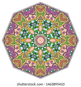 Mandala flower decoration, hand drawn round ornament, isolated design element on a white background. Vector geometric floral pattern. Tribal ethnic fashion motif for paper, textile, cloth fabric print