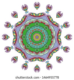 Mandala flower decoration, hand drawn round ornament, isolated design element on a white background. Vector geometric floral pattern. Tribal ethnic fashion motif for paper, textile, cloth fabric print