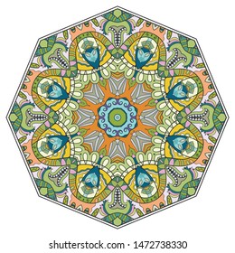 Mandala flower decoration, hand drawn round ornament, isolated design element on a white background. Vector geometric floral pattern. Tribal ethnic fashion motif for paper, textile, cloth fabric print
