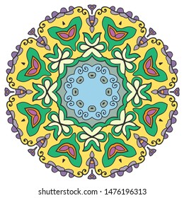 Mandala flower decoration, hand drawn round ornament, isolated design element on a white background. Vector geometric floral pattern. Tribal ethnic fashion motif for paper, textile, cloth fabric print