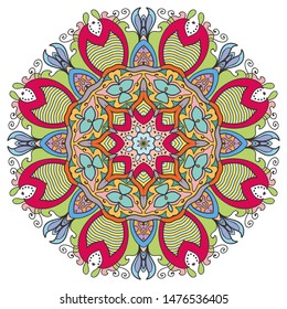 Mandala flower decoration, hand drawn round ornament, isolated design element on a white background. Vector geometric floral pattern. Tribal ethnic fashion motif for paper, textile, cloth fabric print