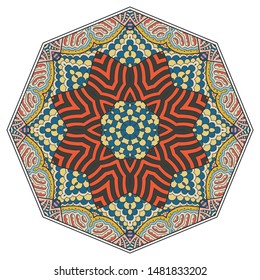 Mandala flower decoration, hand drawn round ornament, isolated design element on a white background. Vector geometric floral pattern. Tribal ethnic fashion motif for paper, textile, cloth fabric print