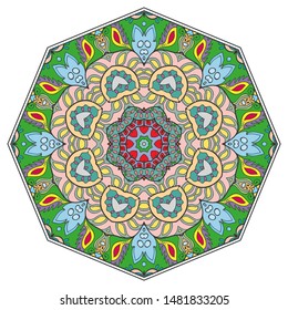 Mandala flower decoration, hand drawn round ornament, isolated design element on a white background. Vector geometric floral pattern. Tribal ethnic fashion motif for paper, textile, cloth fabric print