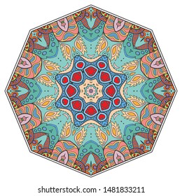 Mandala flower decoration, hand drawn round ornament, isolated design element on a white background. Vector geometric floral pattern. Tribal ethnic fashion motif for paper, textile, cloth fabric print